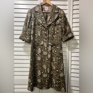 Young Essence Ladies Olive Lined Coat Yellow Blue Grey Floral Embroidery Size L